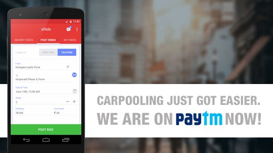 sRide is the 1st carpooling app in India to offer online payments via PayTM