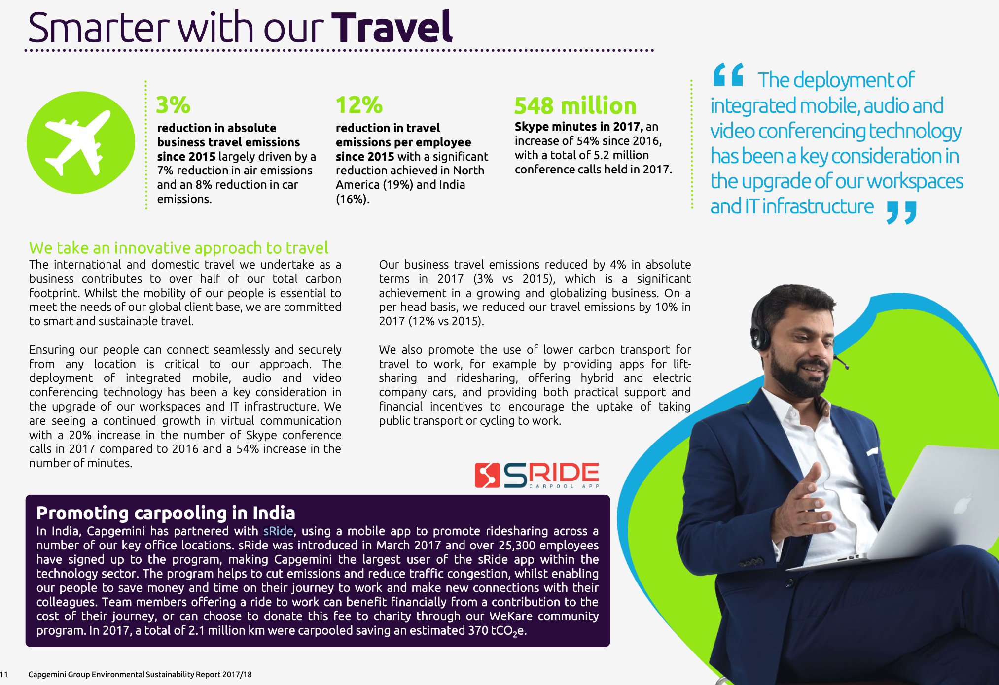 Capgemini Group Environmental Sustainability Report 2017-18, Page 11 — Promoting carpooling in India with sRide